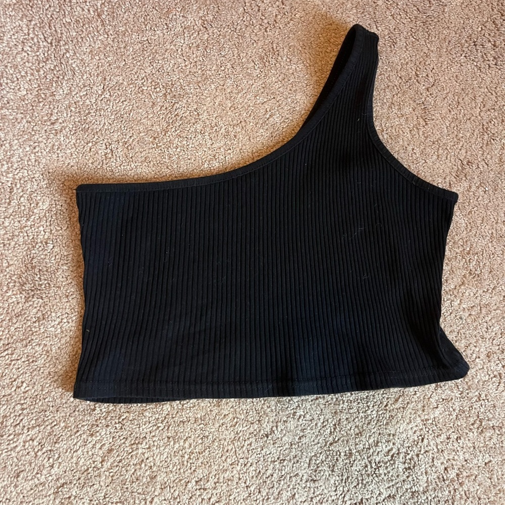 Black One Shoulder Ribbed Tank Top